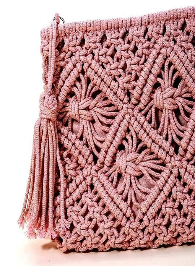Urooz Women Macrame Cross-Body Boho Chic Handmade Natural Fiber Cord Yarn Small Mini Casual Festival Beach Bohemian Fringe Tassel Woven Textile PINK COLOUR - Image 2